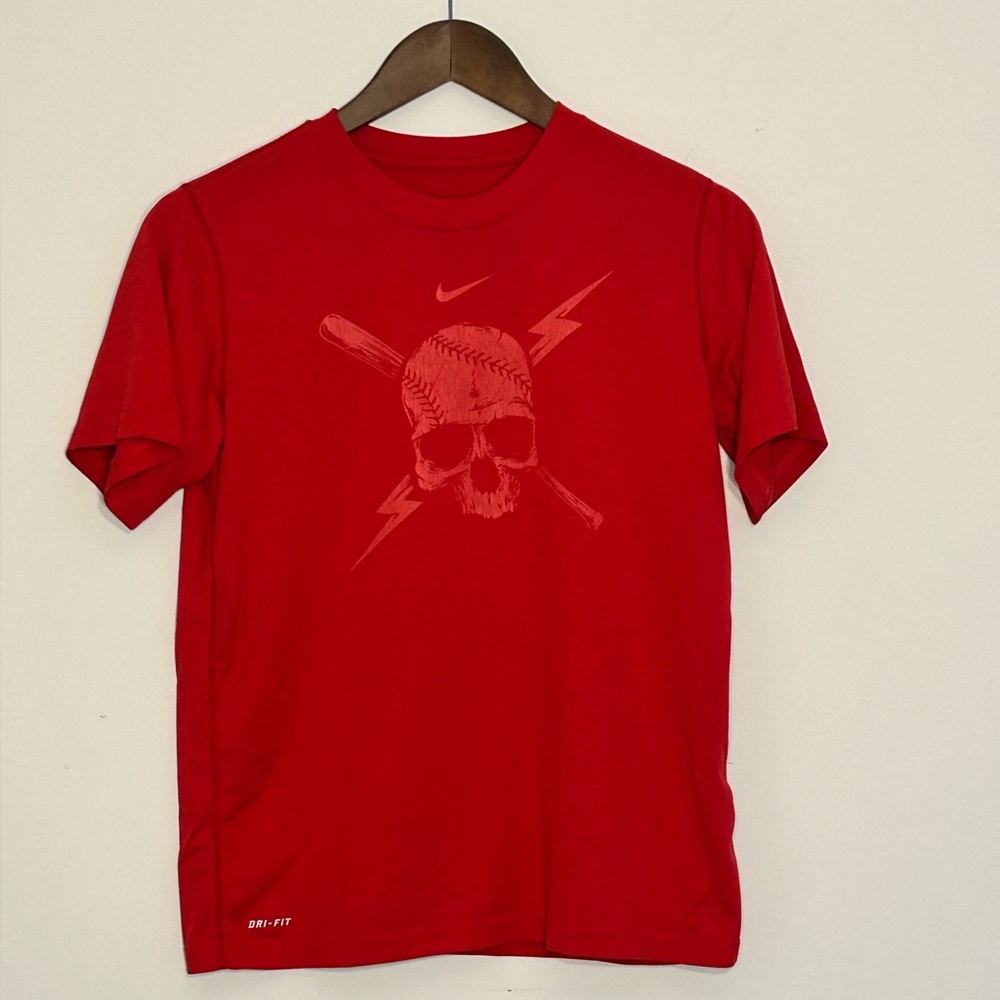 Nike Dri-Fit Red Baseball Skull Graphic Tee Size Large